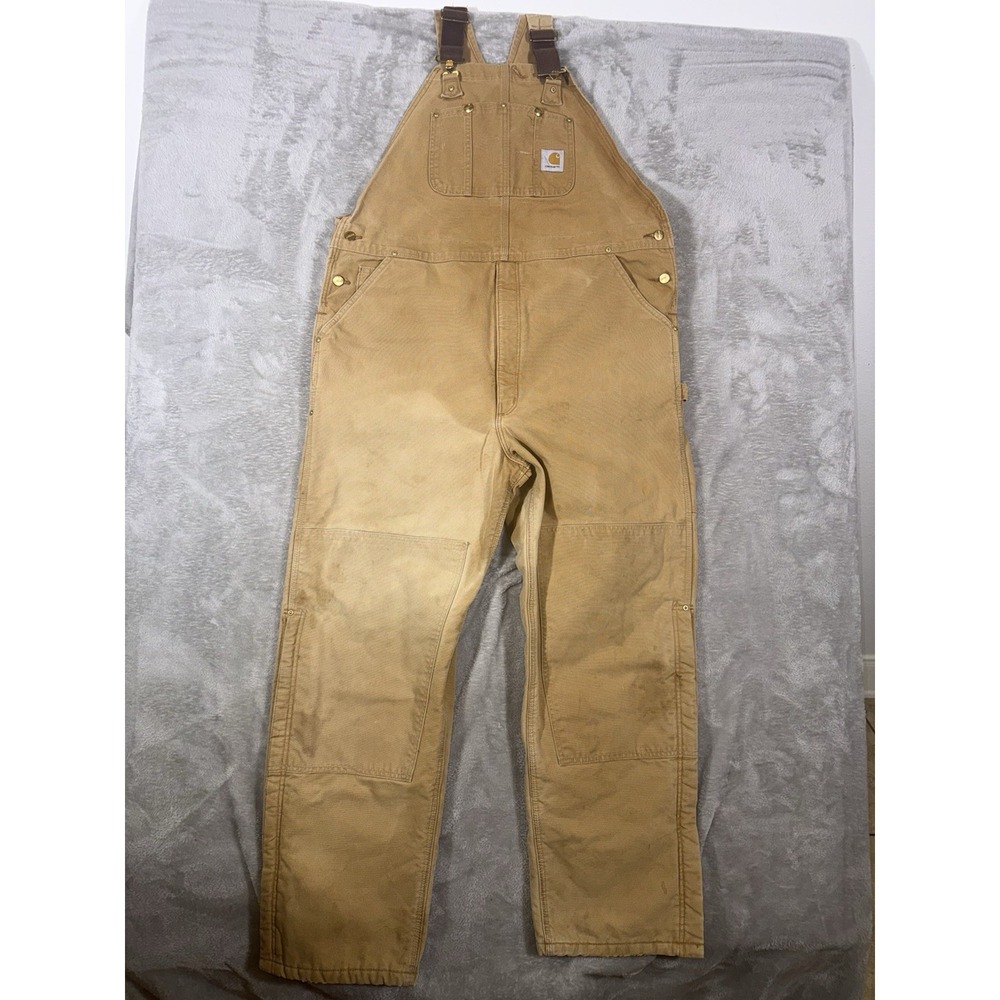 Vintage Carhartt Double Knees Quilt Insulated Brown Bib‎ Overalls Men's 44x32